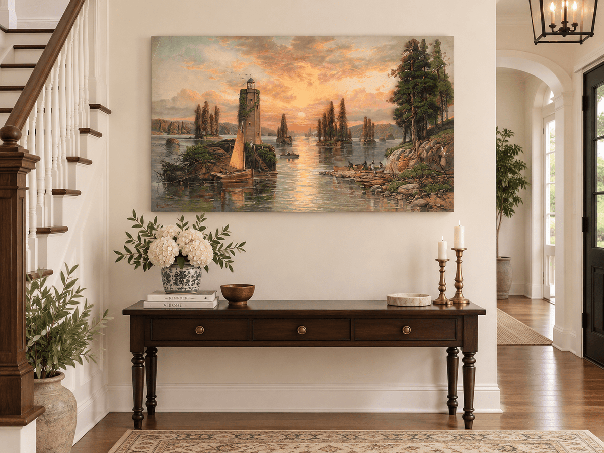 Landscape Oil Painting - Sunset Lake with Lighthouse and Pines