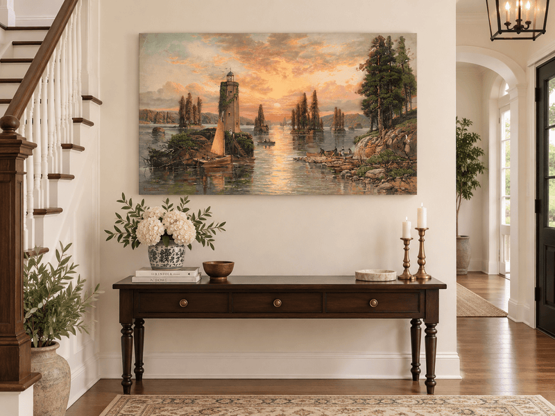 Landscape Oil Painting - Sunset Lake with Lighthouse and Pines