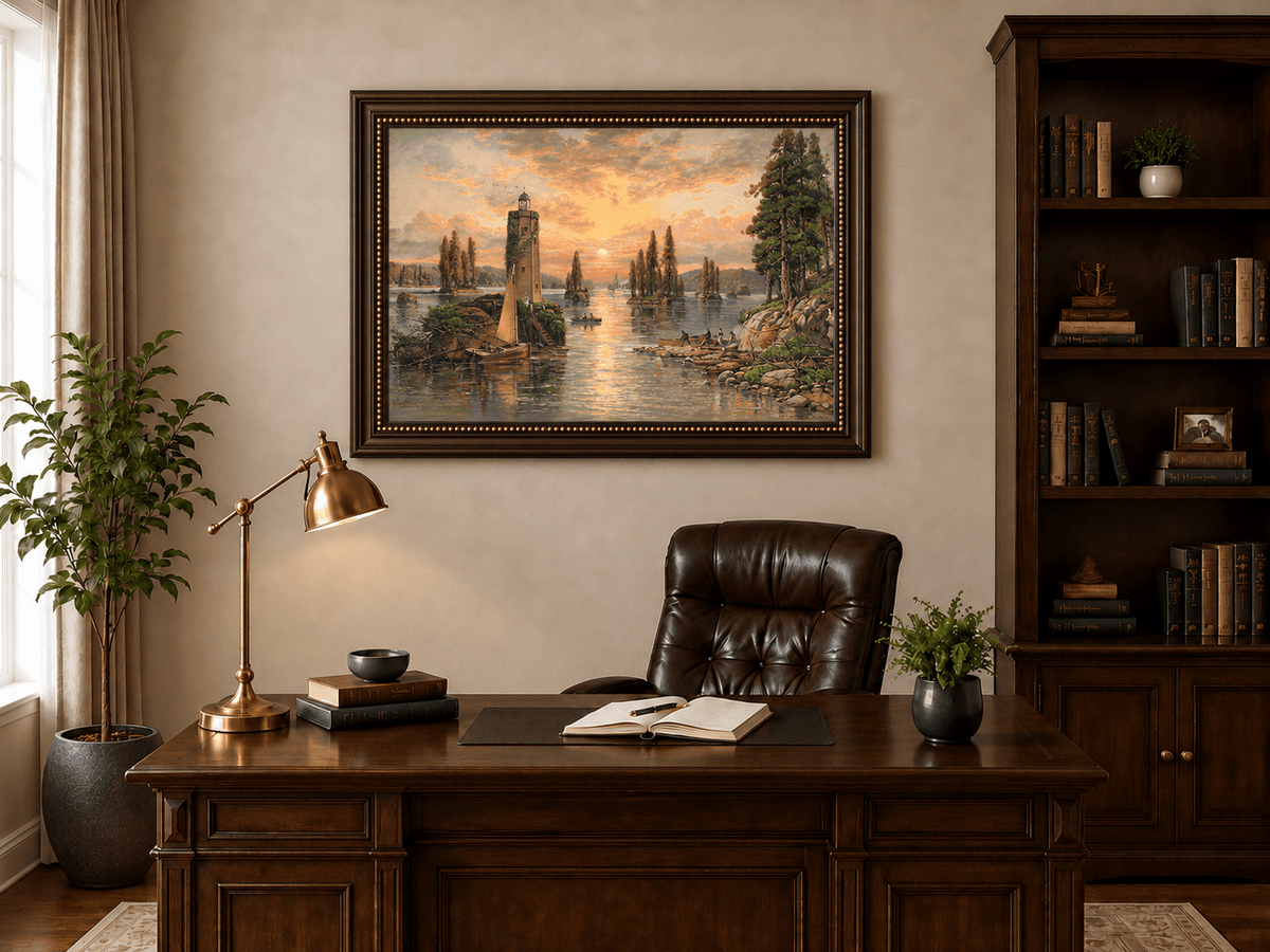 Landscape Oil Painting - Sunset Lake with Lighthouse and Pines