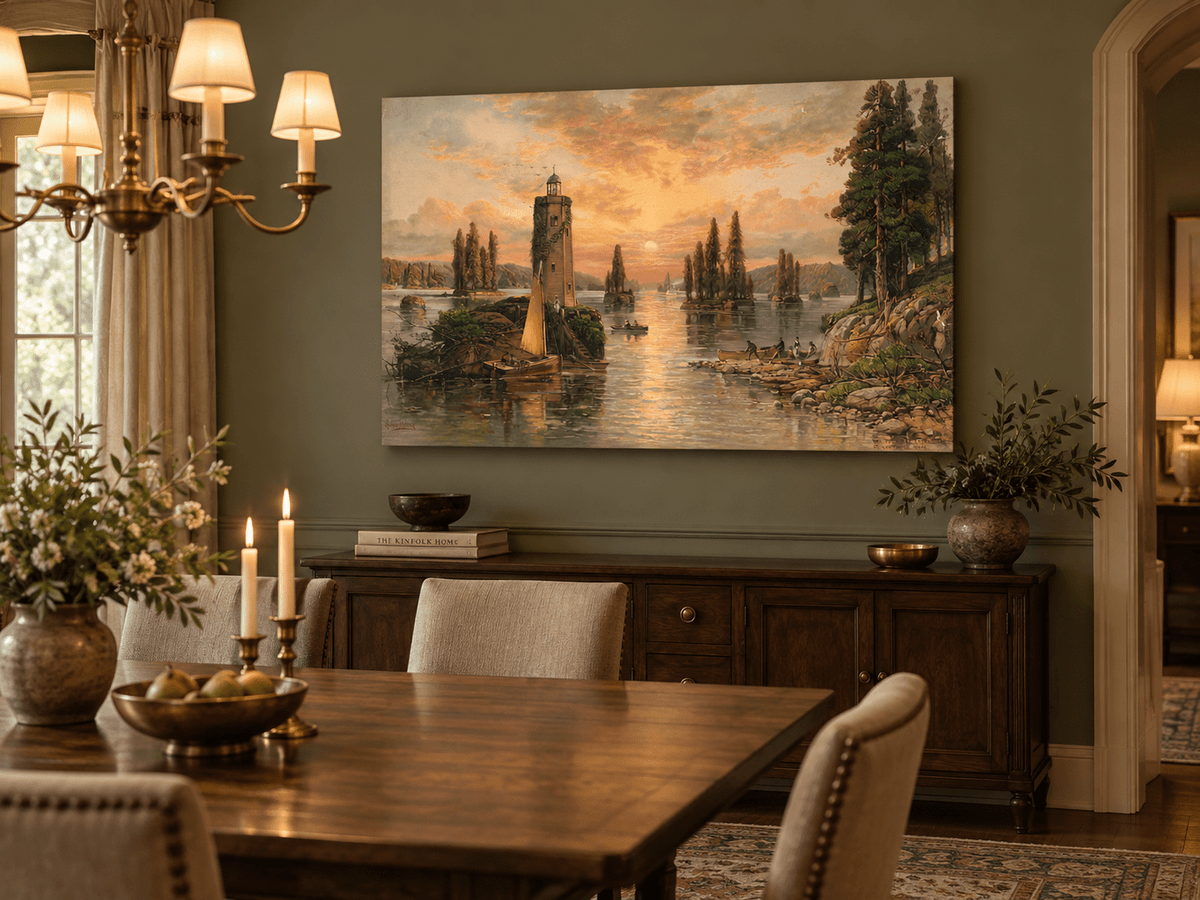 Landscape Oil Painting - Sunset Lake with Lighthouse and Pines