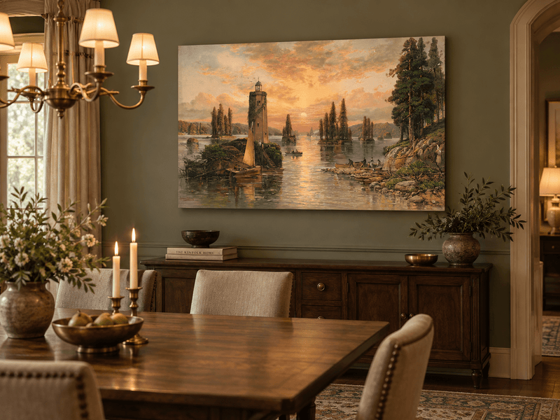 Landscape Oil Painting - Sunset Lake with Lighthouse and Pines
