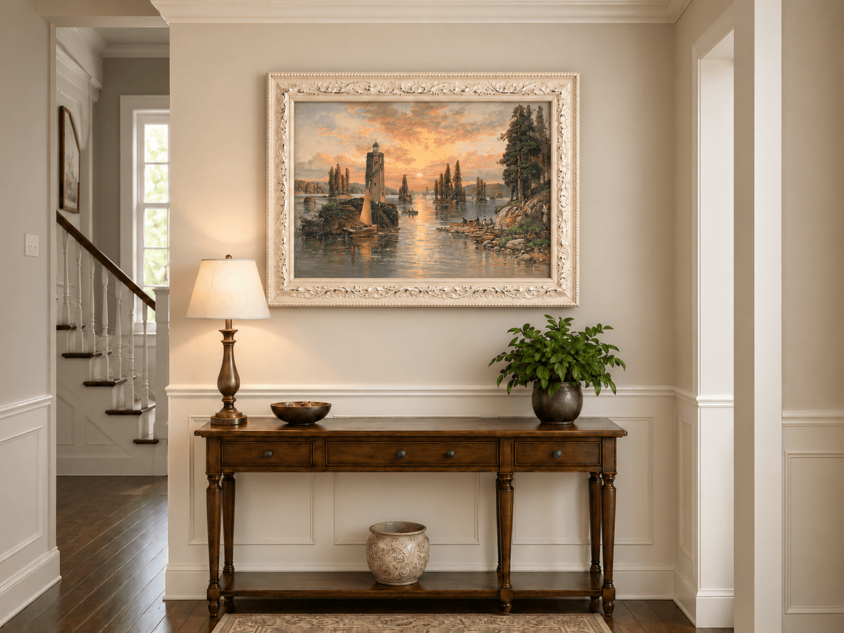 Landscape Oil Painting - Sunset Lake with Lighthouse and Pines