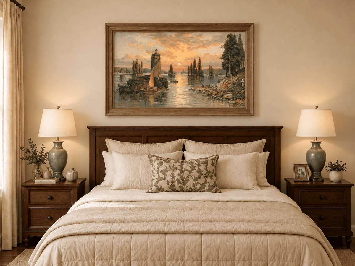 Landscape Oil Painting - Sunset Lake with Lighthouse and Pines