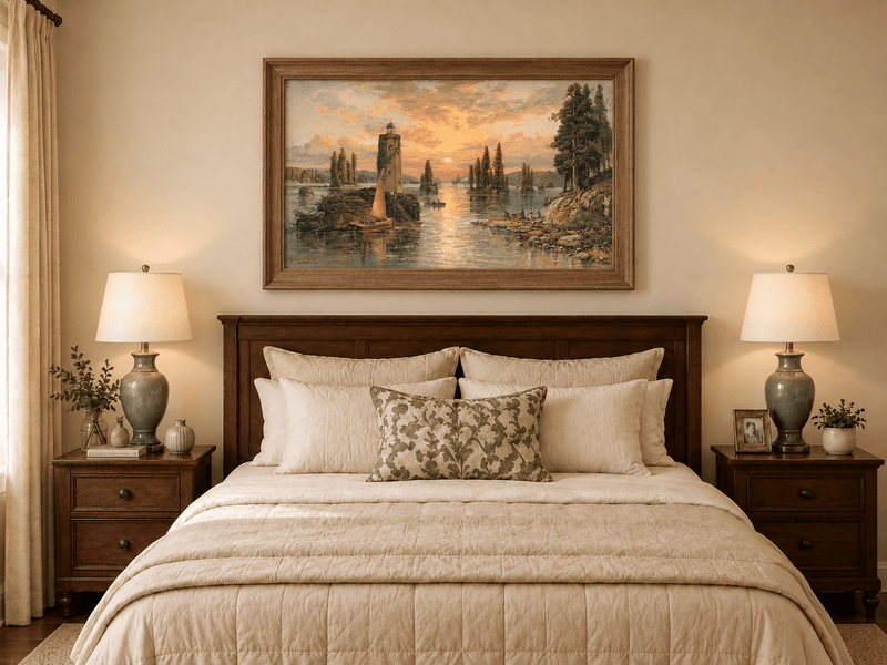 Landscape Oil Painting - Sunset Lake with Lighthouse and Pines