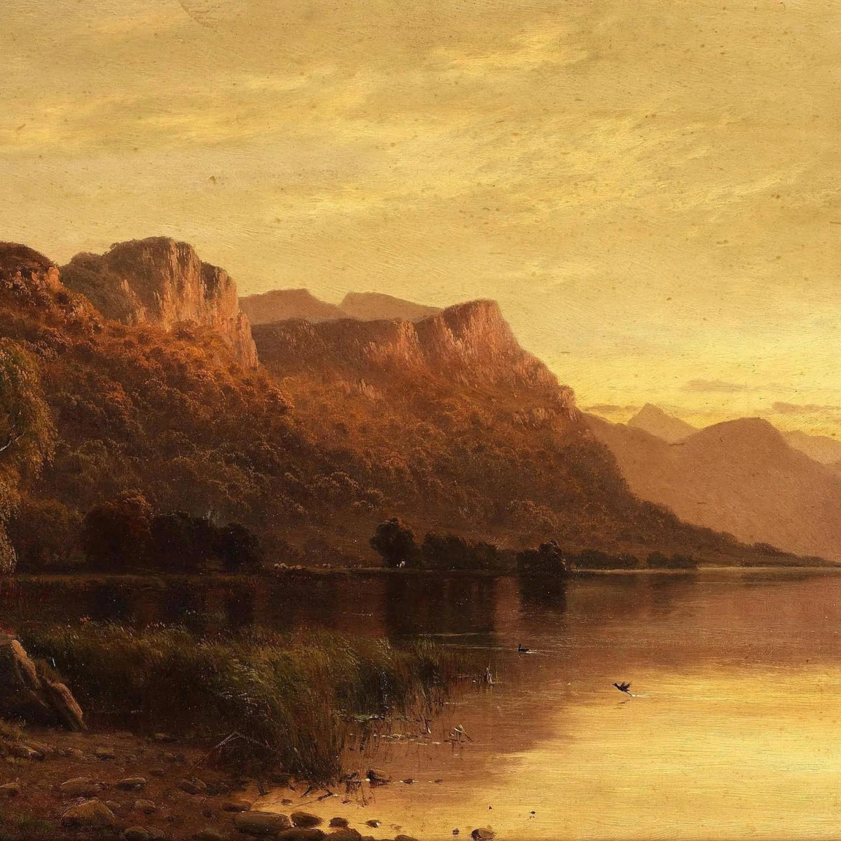 Landscape Oil Painting - Sunset Lake with Mountain & Reflection - Oil Painting Haven