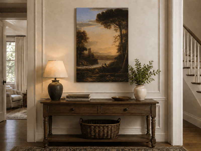 Landscape Oil Painting - Sunset Lake with Pines and Shepherd
