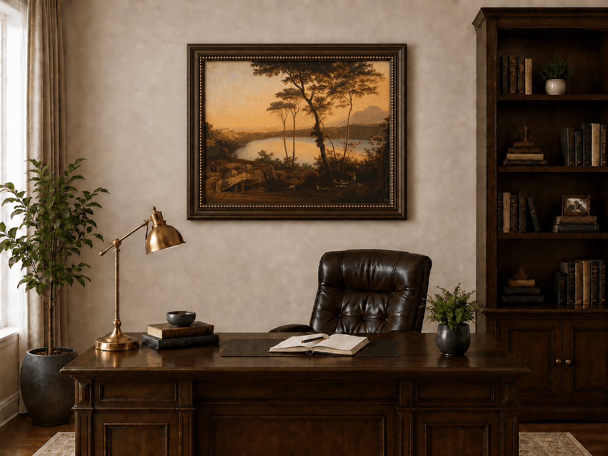 Landscape Oil Painting - Sunset Lake with Pines and Shepherd