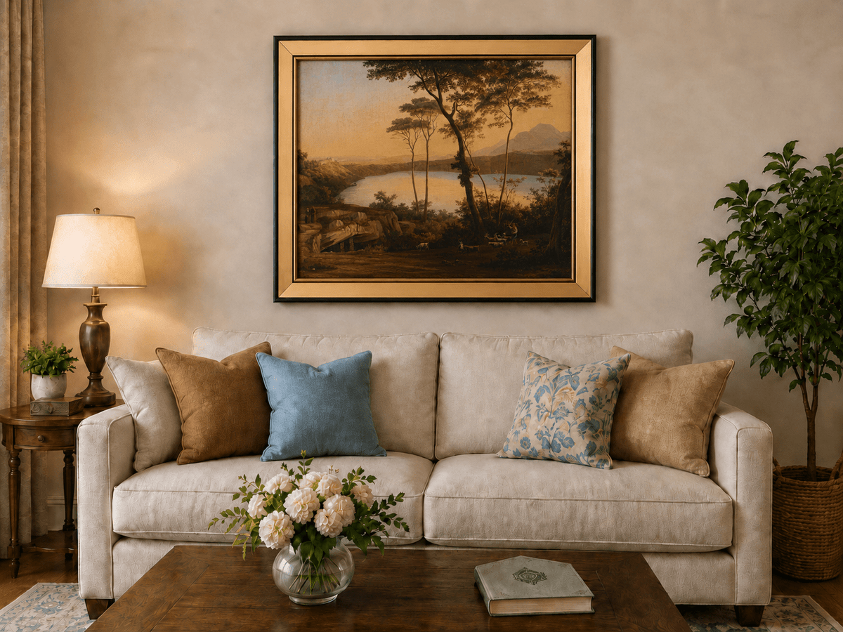 Landscape Oil Painting - Sunset Lake with Pines and Shepherd
