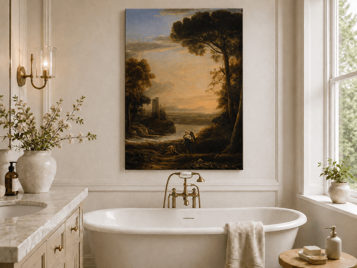 Landscape Oil Painting - Sunset Lake with Pines and Shepherd
