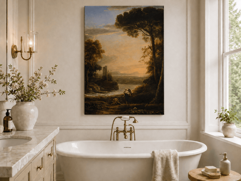 Landscape Oil Painting - Sunset Lake with Pines and Shepherd