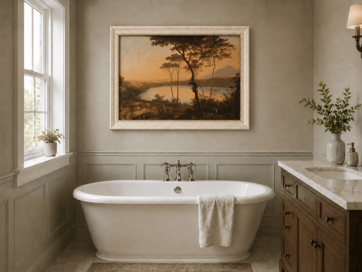 Landscape Oil Painting - Sunset Lake with Pines and Shepherd