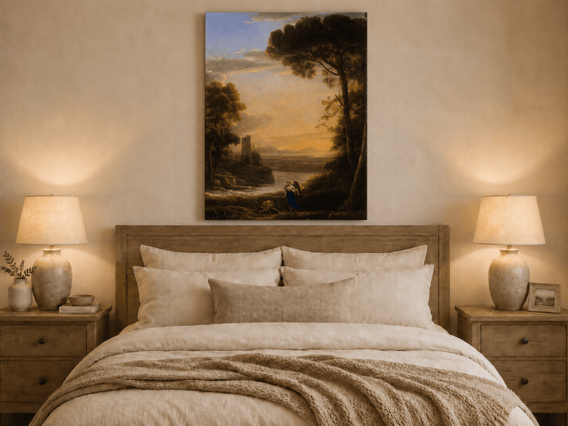 Landscape Oil Painting - Sunset Lake with Pines and Shepherd
