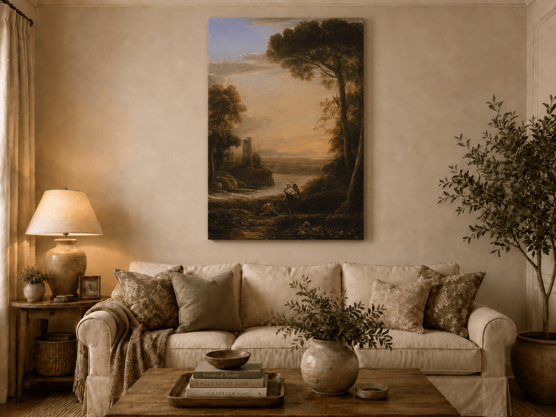 Landscape Oil Painting - Sunset Lake with Pines and Shepherd