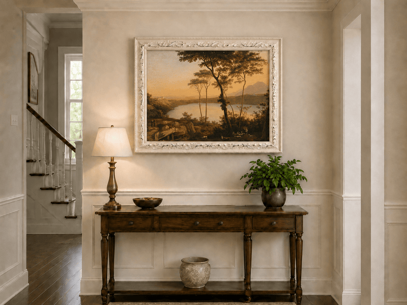 Landscape Oil Painting - Sunset Lake with Pines and Shepherd