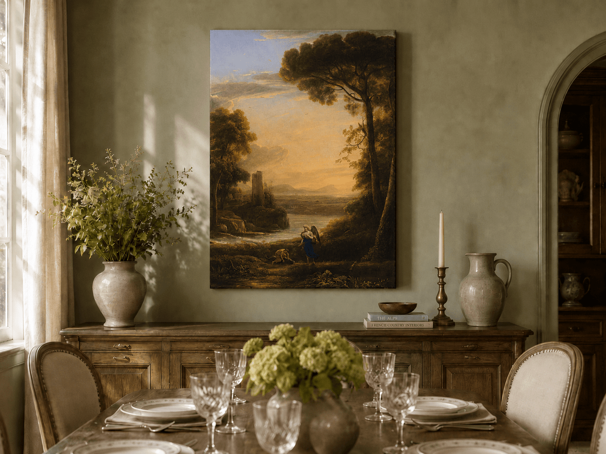 Landscape Oil Painting - Sunset Lake with Pines and Shepherd
