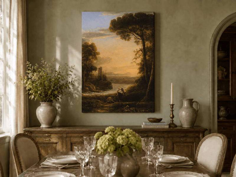 Landscape Oil Painting - Sunset Lake with Pines and Shepherd