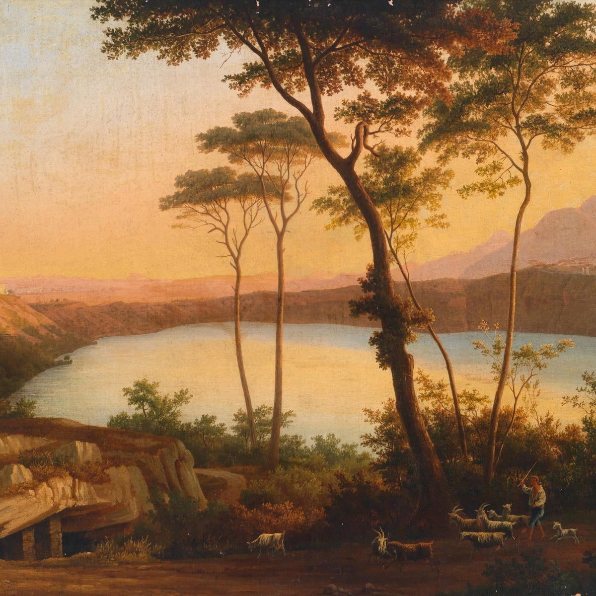 Landscape Oil Painting - Sunset Lake with Pines and Shepherd - Oil Painting Haven
