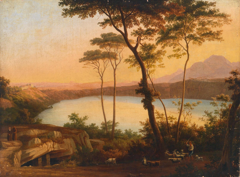 Landscape Oil Painting - Sunset Lake with Pines and Shepherd - Oil Painting Haven