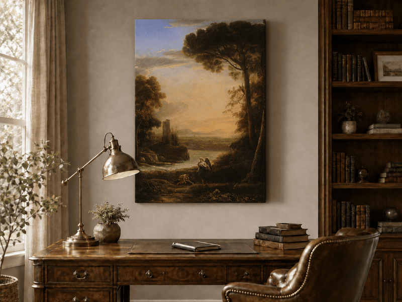 Landscape Oil Painting - Sunset Lake with Pines and Shepherd