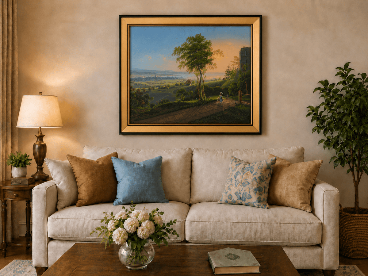 Landscape Oil Painting - Sunset Lakeside Town and Valley View