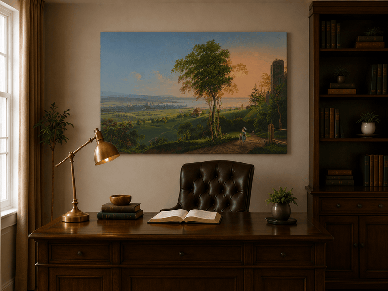 Landscape Oil Painting - Sunset Lakeside Town and Valley View