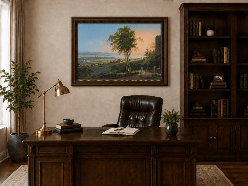 Landscape Oil Painting - Sunset Lakeside Town and Valley View