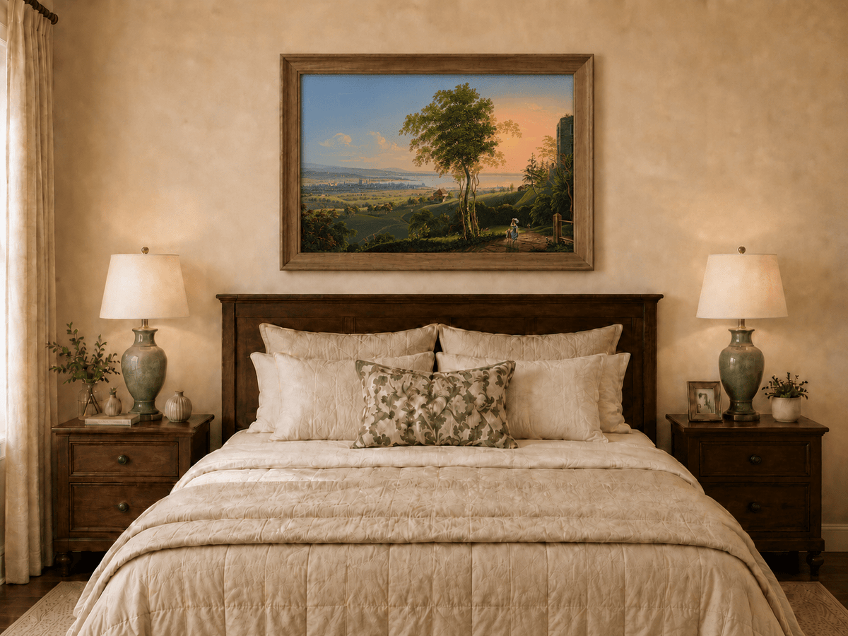 Landscape Oil Painting - Sunset Lakeside Town and Valley View