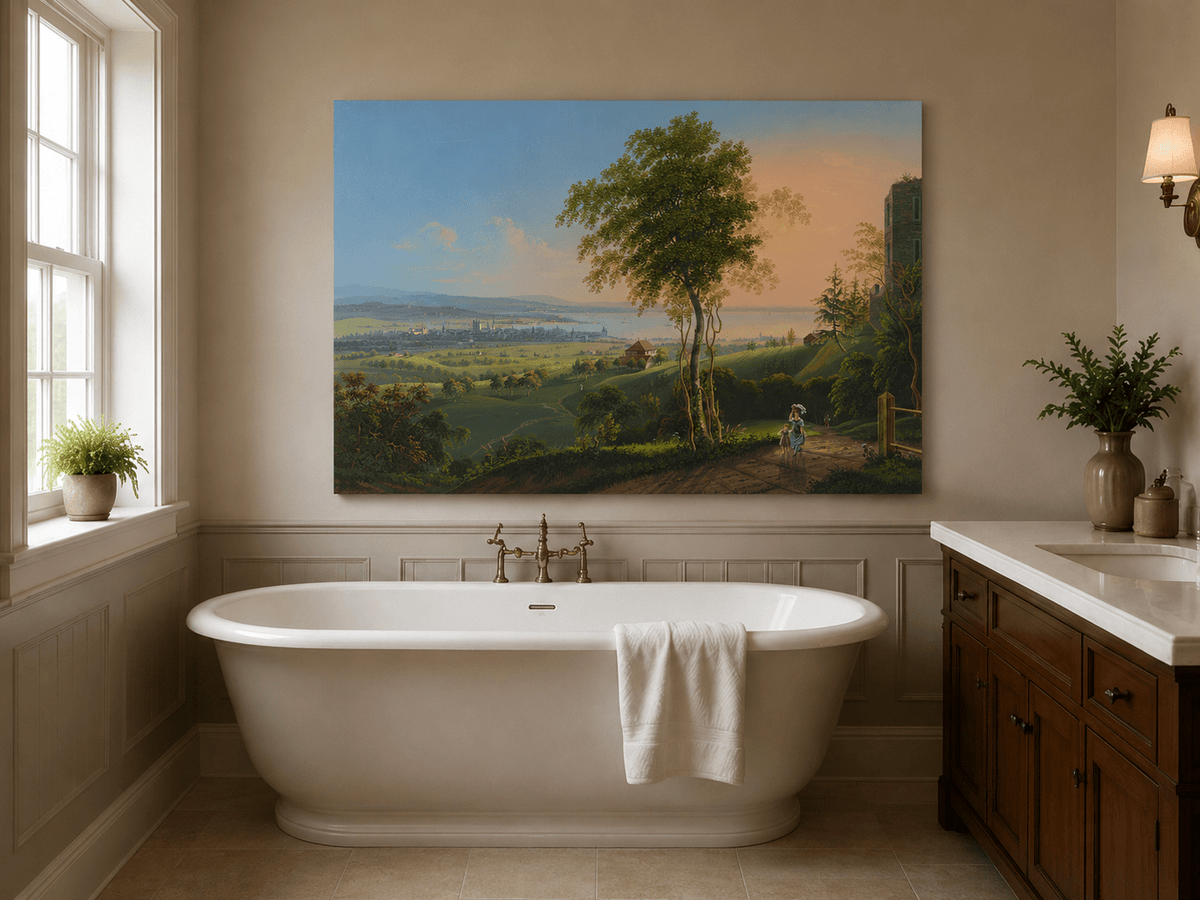 Landscape Oil Painting - Sunset Lakeside Town and Valley View