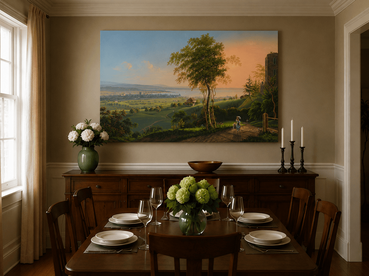 Landscape Oil Painting - Sunset Lakeside Town and Valley View