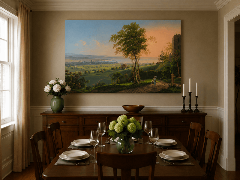 Landscape Oil Painting - Sunset Lakeside Town and Valley View