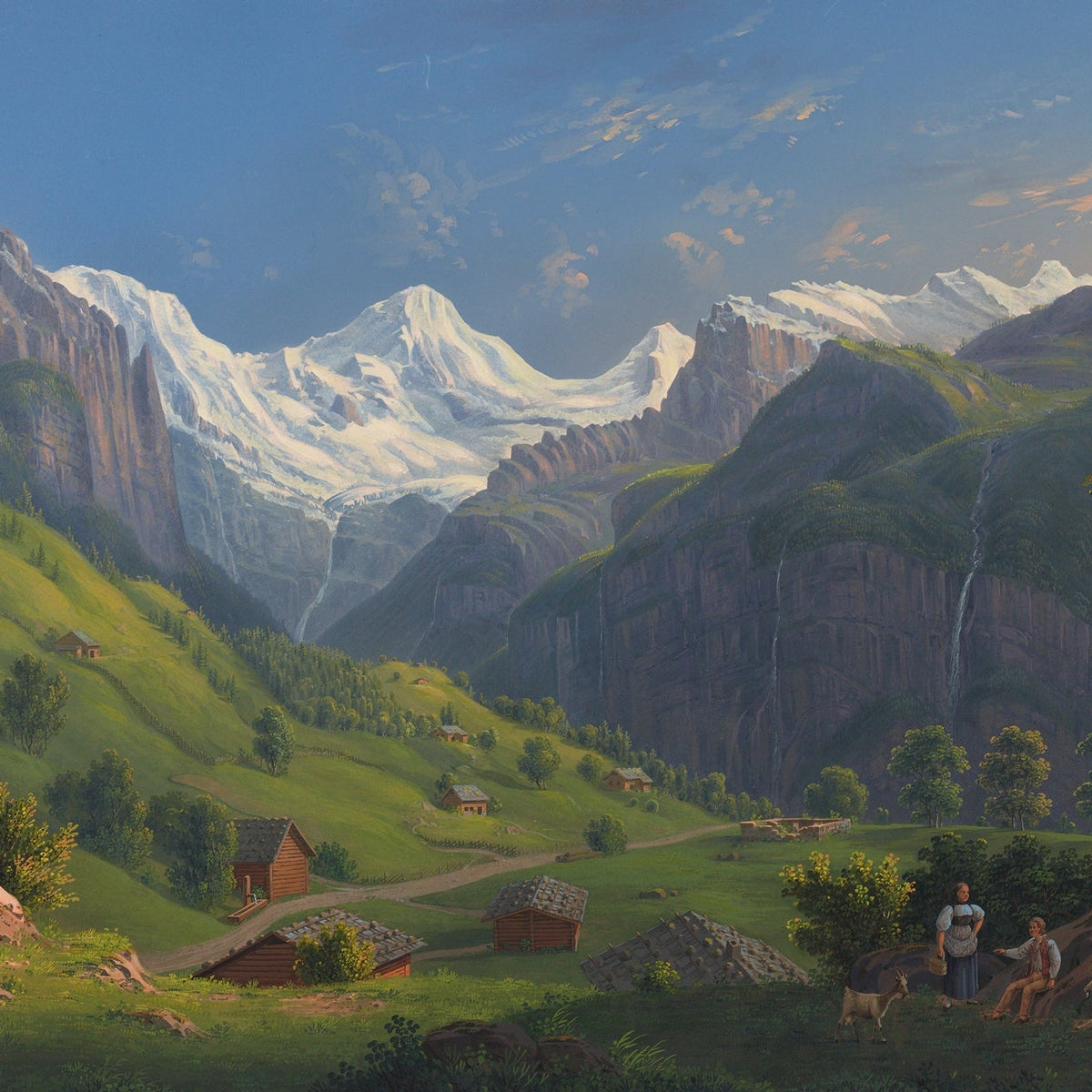 Landscape Oil Painting - Sunset Lakeside Town and Valley View - Oil Painting Haven