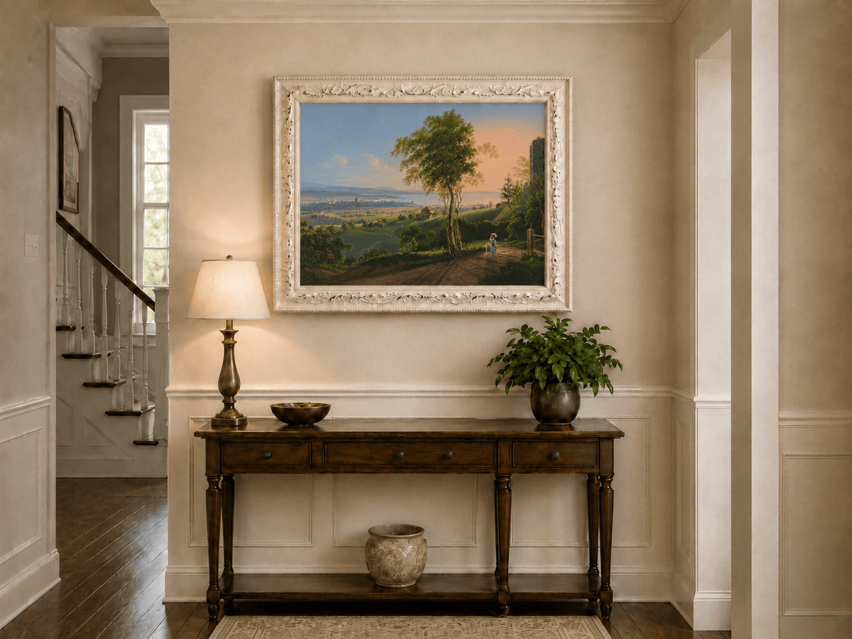 Landscape Oil Painting - Sunset Lakeside Town and Valley View