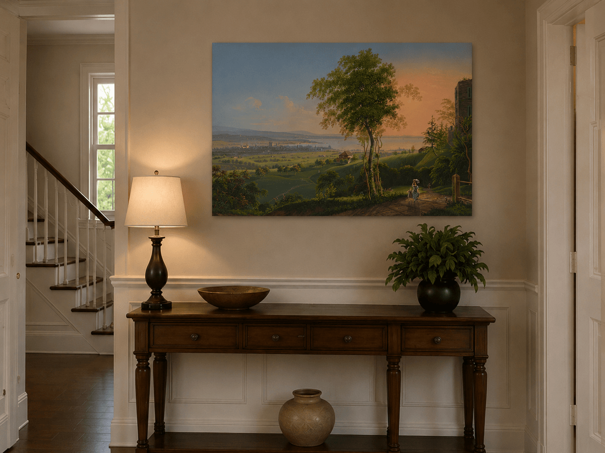 Landscape Oil Painting - Sunset Lakeside Town and Valley View