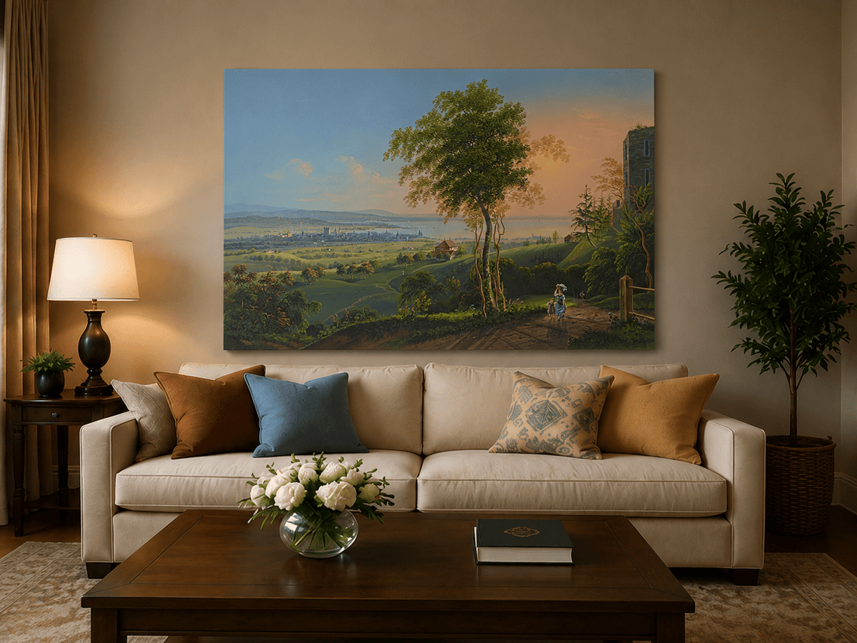 Landscape Oil Painting - Sunset Lakeside Town and Valley View