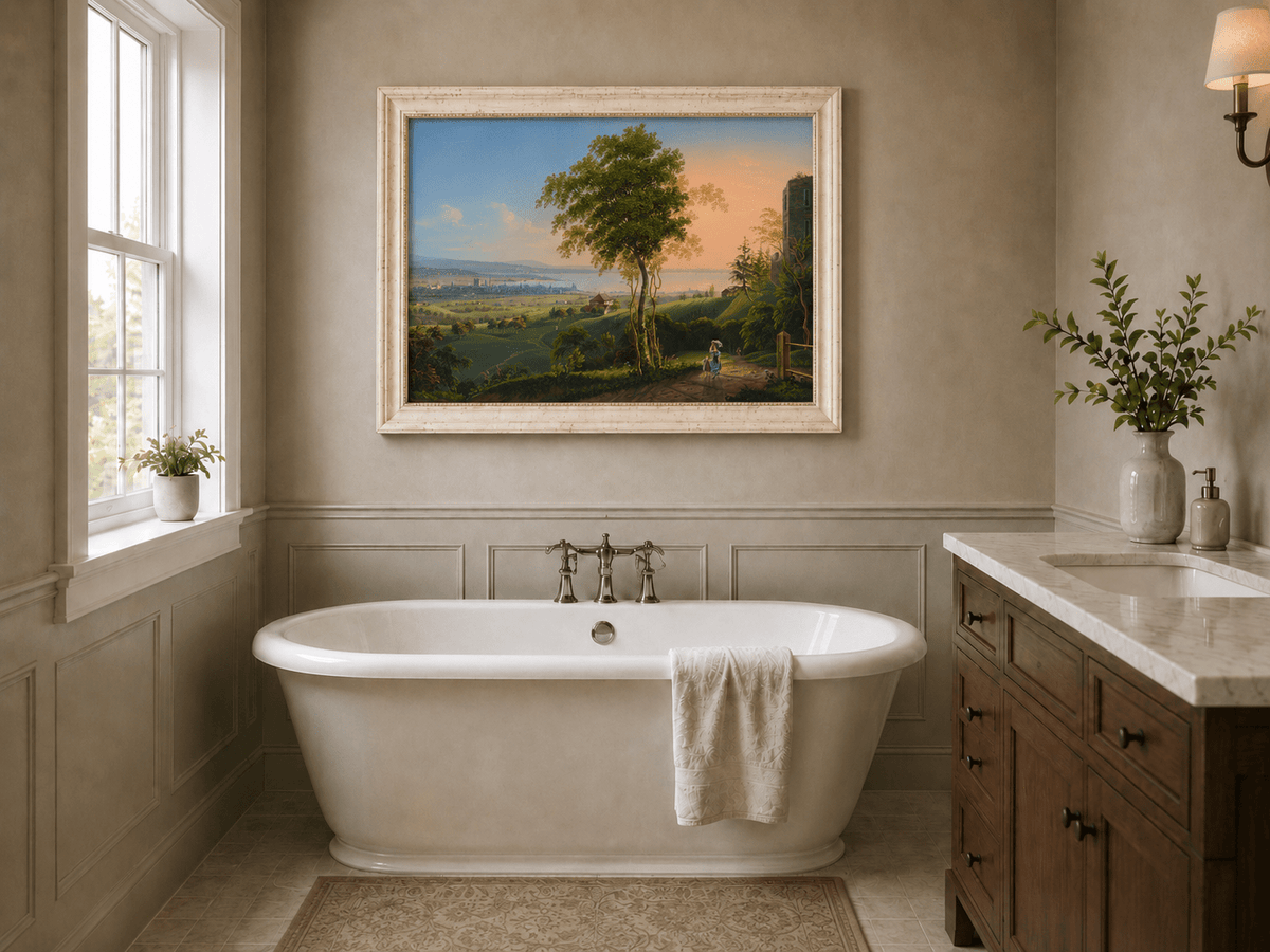 Landscape Oil Painting - Sunset Lakeside Town and Valley View