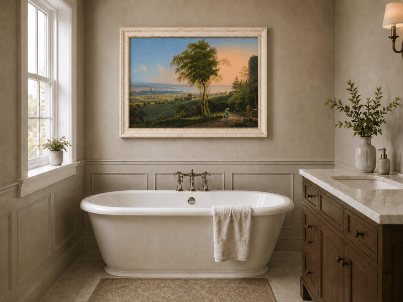 Landscape Oil Painting - Sunset Lakeside Town and Valley View