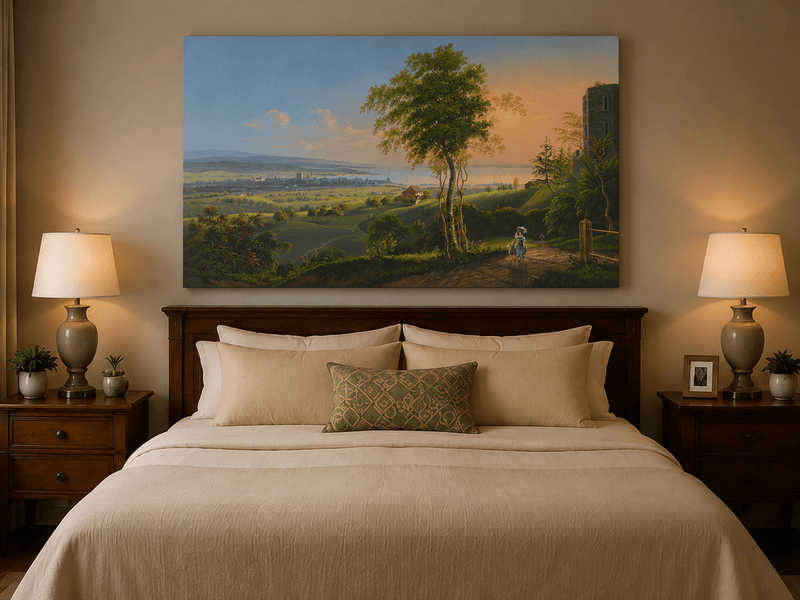 Landscape Oil Painting - Sunset Lakeside Town and Valley View