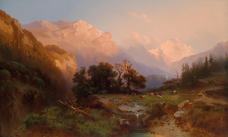 Landscape Oil Painting - Sunset Mountain, Stream, Cattle & Forested Valley - Oil Painting Haven