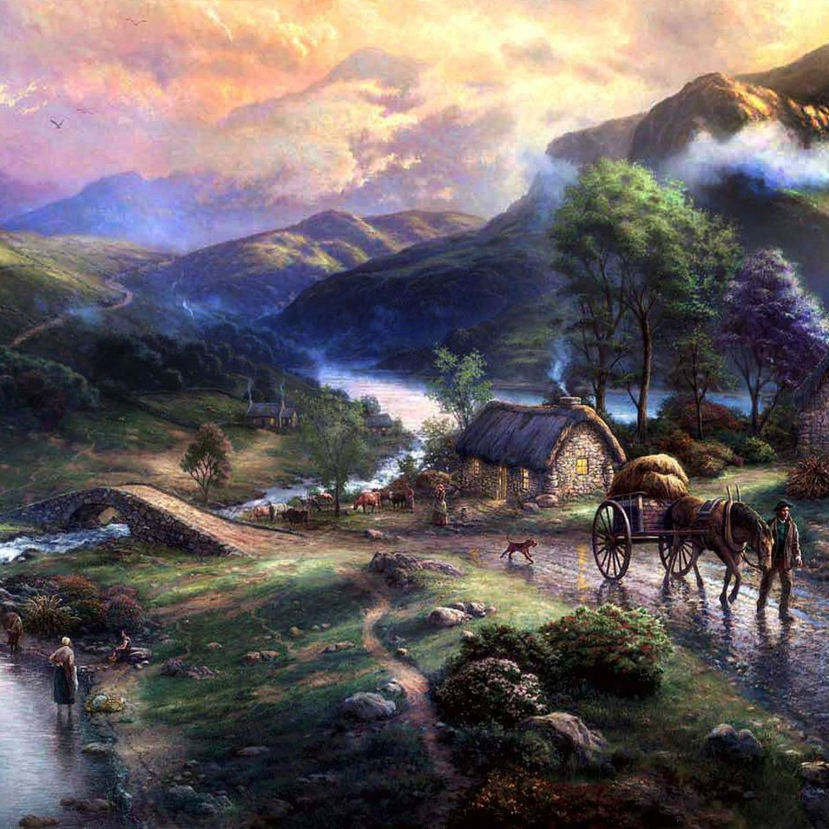 Landscape Oil Painting - Sunset Mountain Village With Hay Wagon - Oil Painting Haven