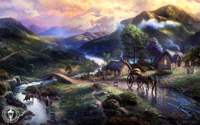 Landscape Oil Painting - Sunset Mountain Village With Hay Wagon - Oil Painting Haven