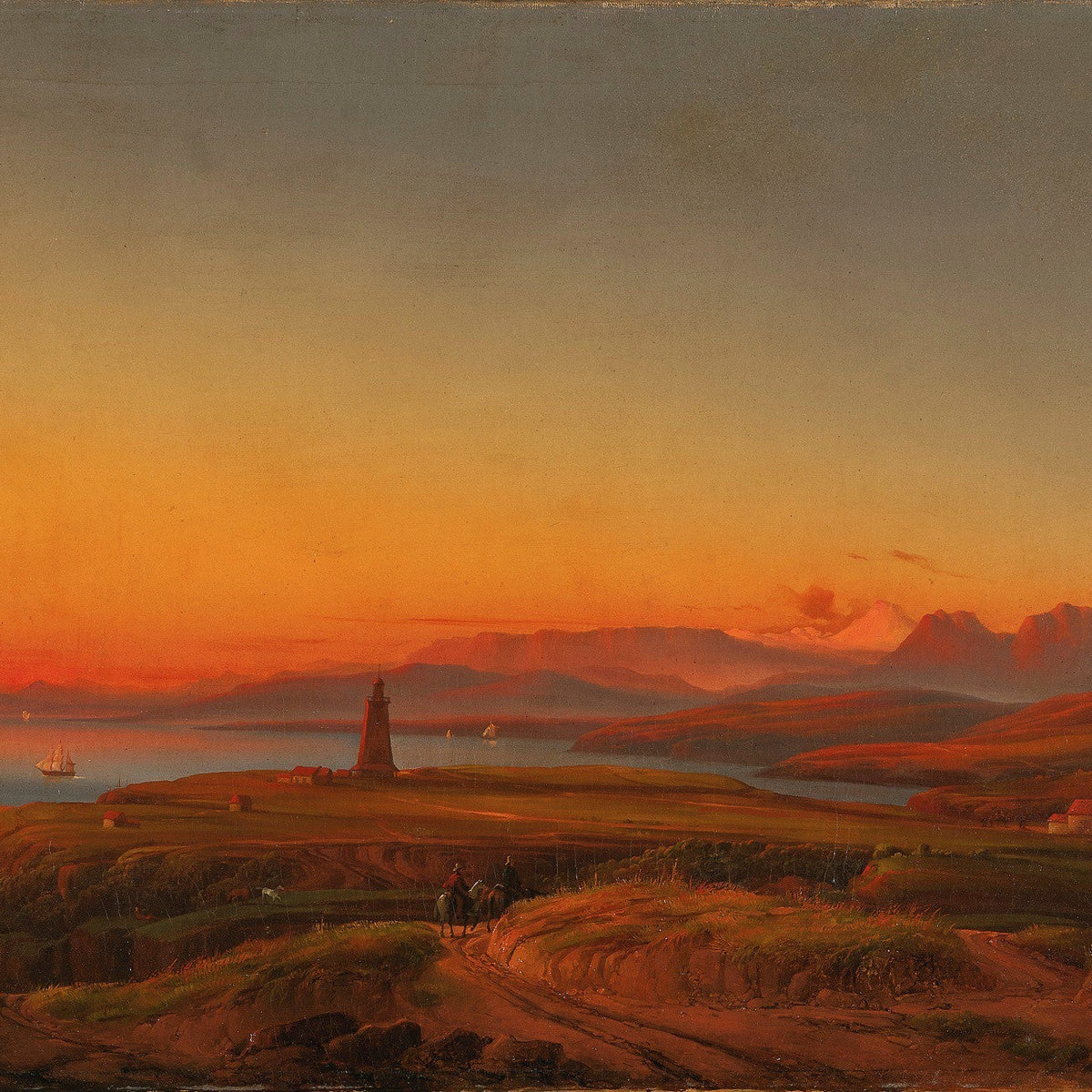 Landscape Oil Painting - Sunset Over Coastal Bay, Lighthouse & Mountains - Oil Painting Haven