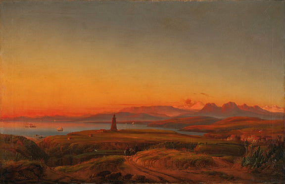 Landscape Oil Painting - Sunset Over Coastal Bay, Lighthouse & Mountains - Oil Painting Haven