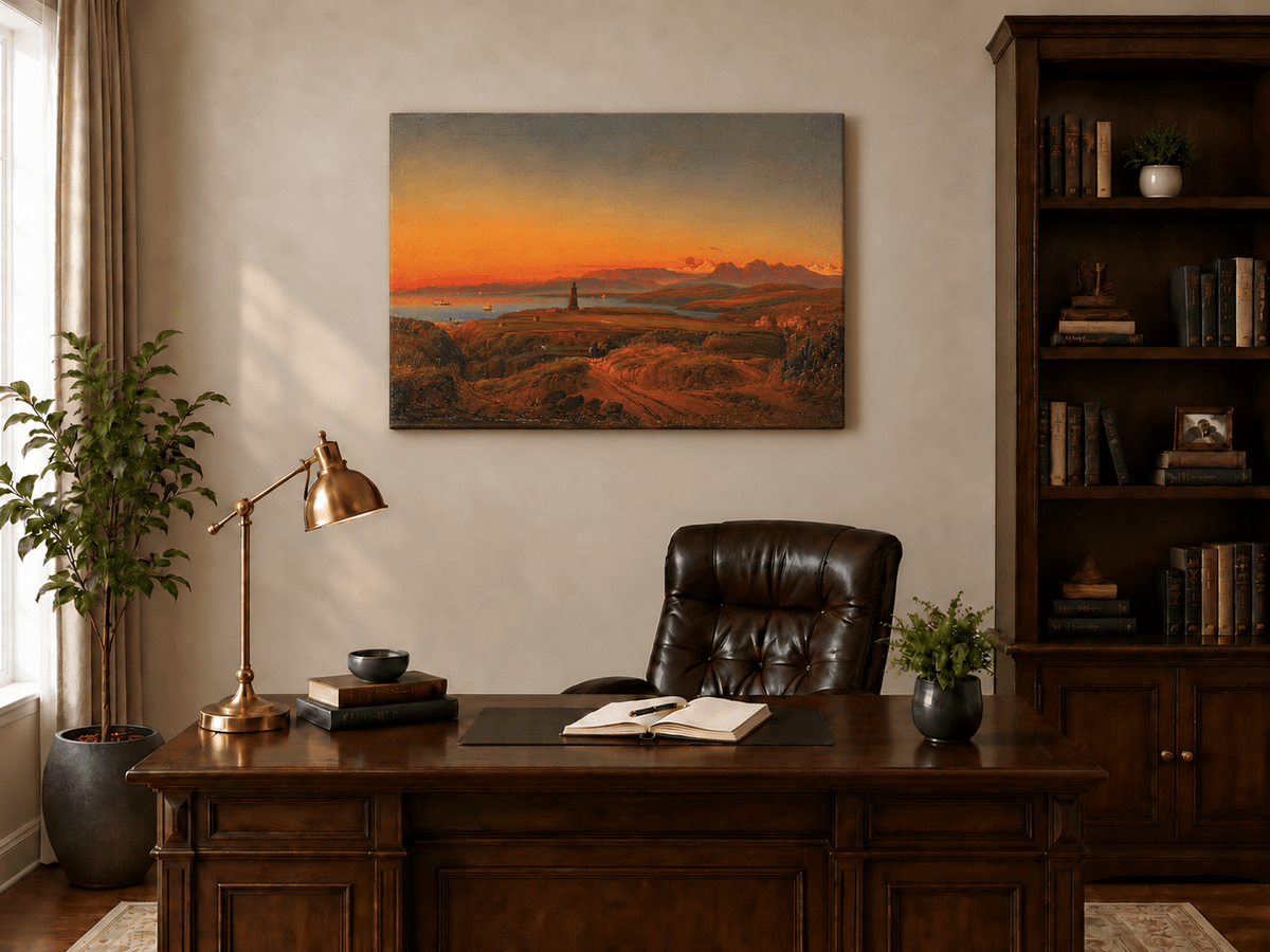 Landschaftsölgemälde – Sonnenuntergang über einer Küstenbucht