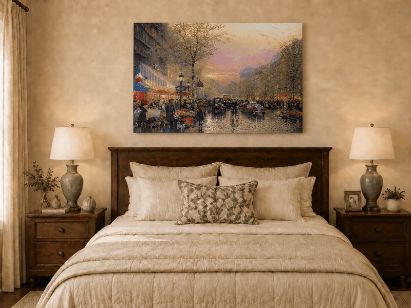 Peinture à l'huile de paysage - Rue parisienne au coucher du soleil avec voitures anciennes