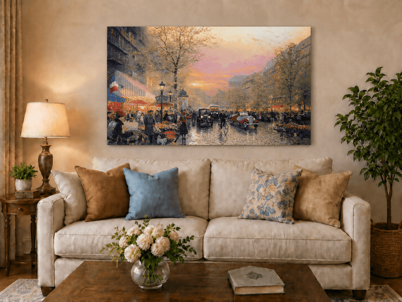 Peinture à l'huile de paysage - Rue parisienne au coucher du soleil avec voitures anciennes