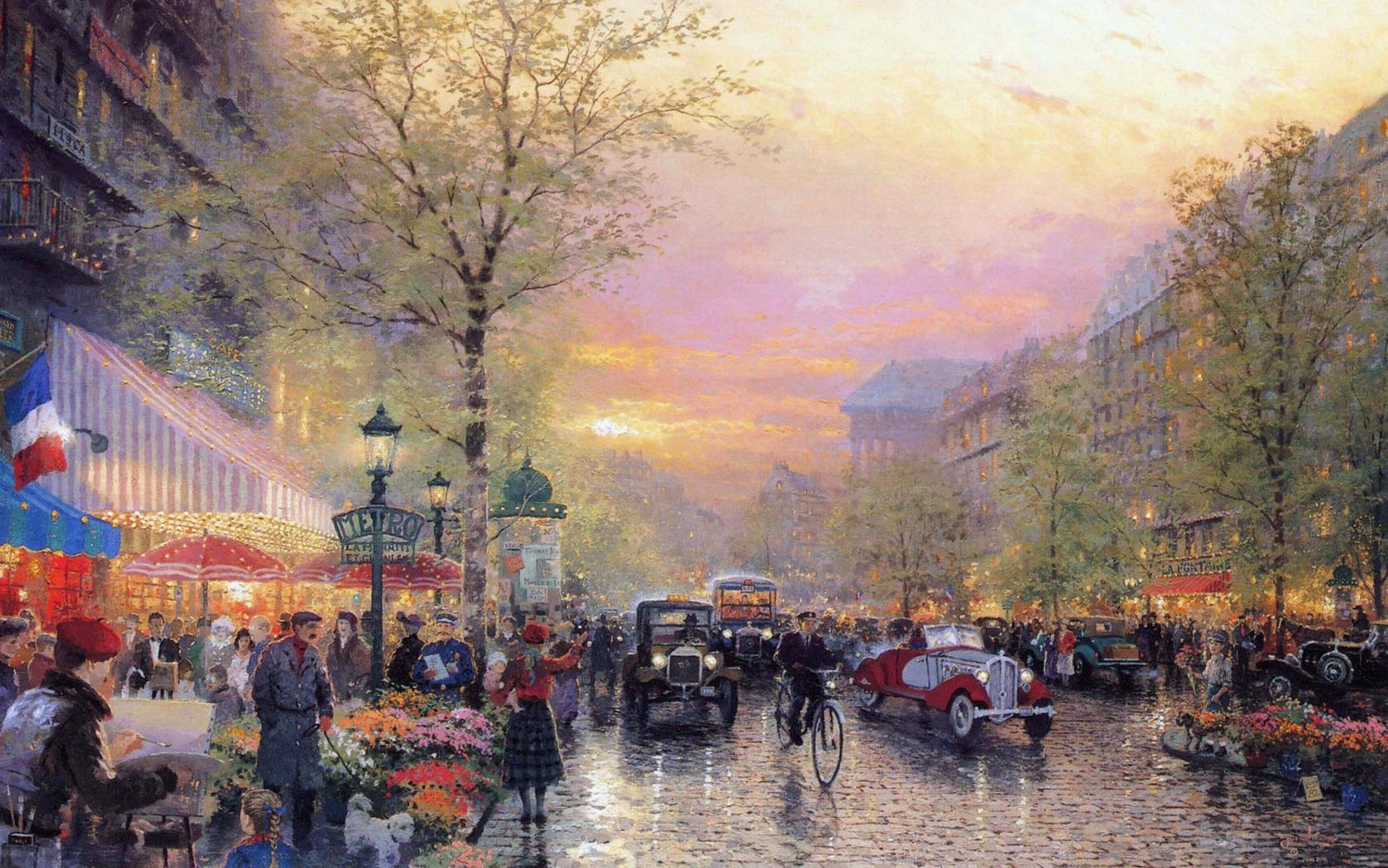 Landscape Oil Painting - Sunset Paris Street With Vintage Cars - Oil Painting Haven