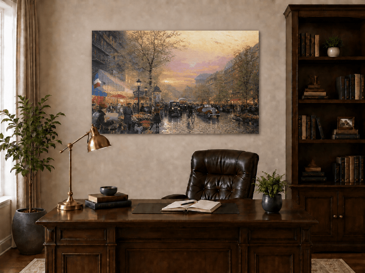 Peinture à l'huile de paysage - Rue parisienne au coucher du soleil avec voitures anciennes