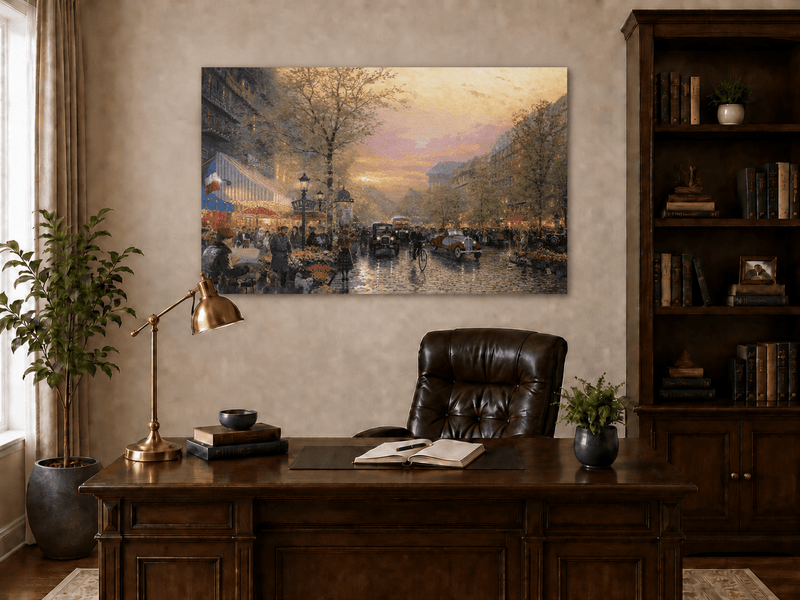 Peinture à l'huile de paysage - Rue parisienne au coucher du soleil avec voitures anciennes