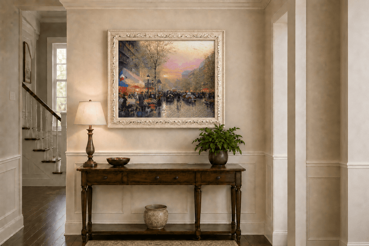 Peinture à l'huile de paysage - Rue parisienne au coucher du soleil avec voitures anciennes