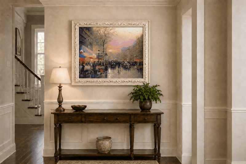 Peinture à l'huile de paysage - Rue parisienne au coucher du soleil avec voitures anciennes